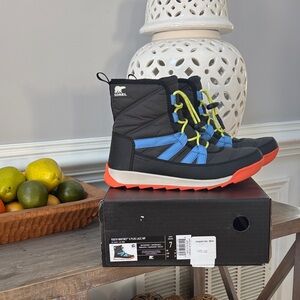 Sorel Kids' Black and Blue Boots with Orange Soles snow boots